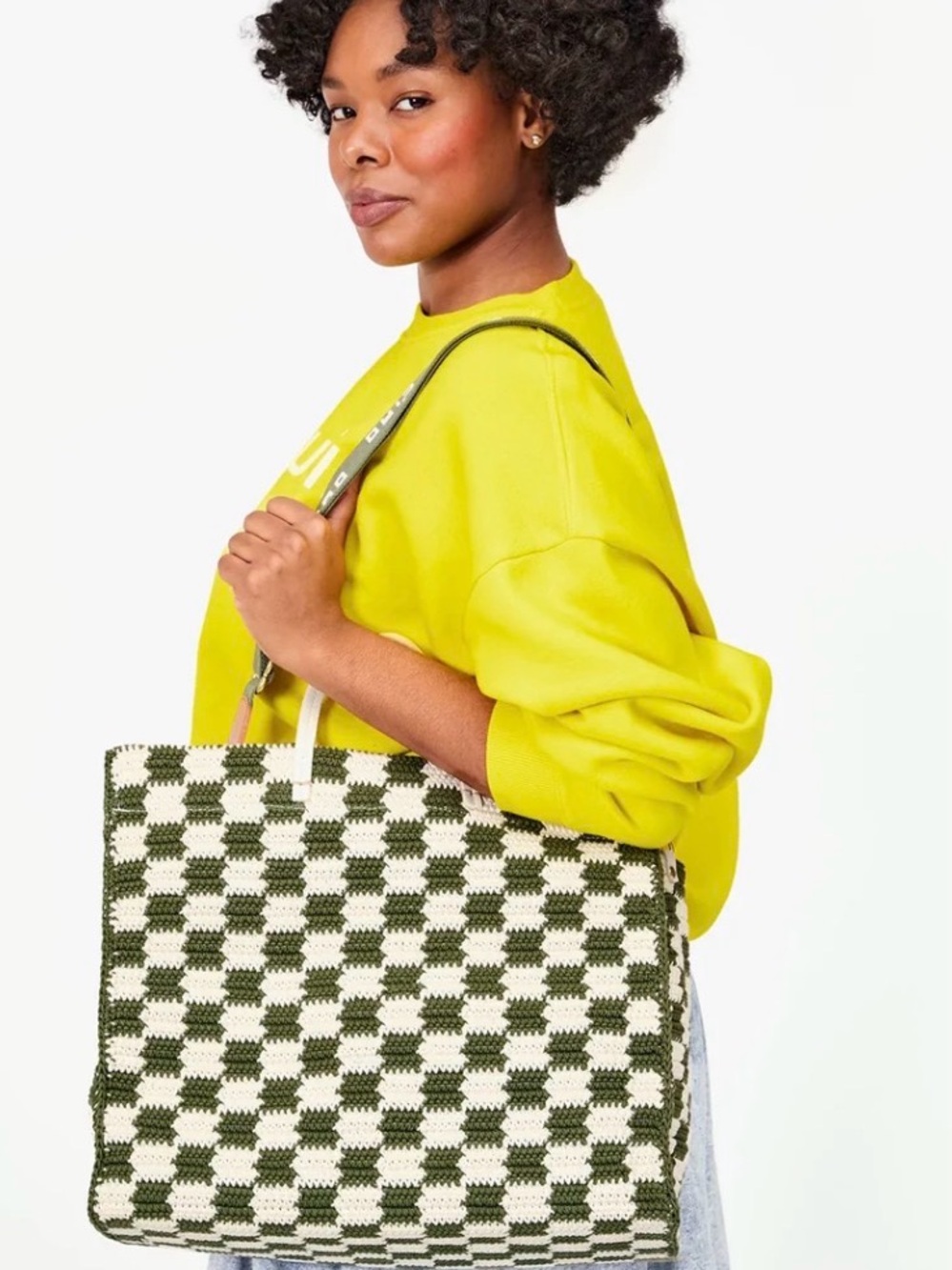 Clare V. Summer Simple Tote in Woven Checkerboard Olive & Cream